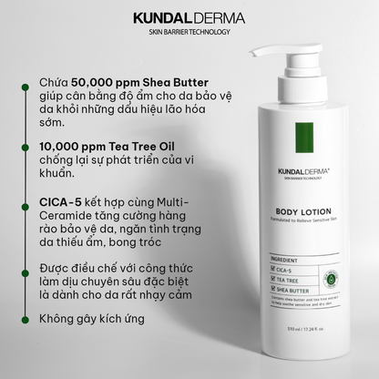 Kem dưỡng thể cấp ẩm và phục hồi da KUNDAL Derma C.P.R. CICA & TEA TREE REPAIR BODY LOTION