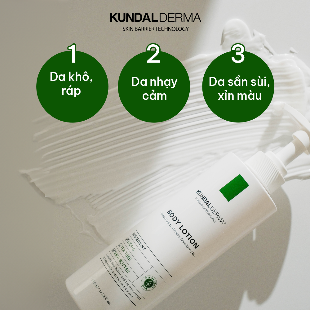 Kem dưỡng thể cấp ẩm và phục hồi da KUNDAL Derma C.P.R. CICA & TEA TREE REPAIR BODY LOTION