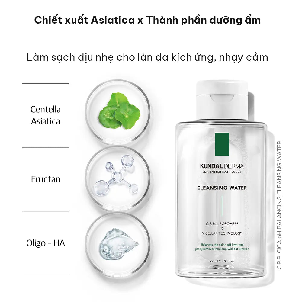 Nước Tẩy Trang Micellar Dịu Nhẹ KUNDAL DERMA C.P.R. CICA pH BALANCING CLEANSING WATER 500ml