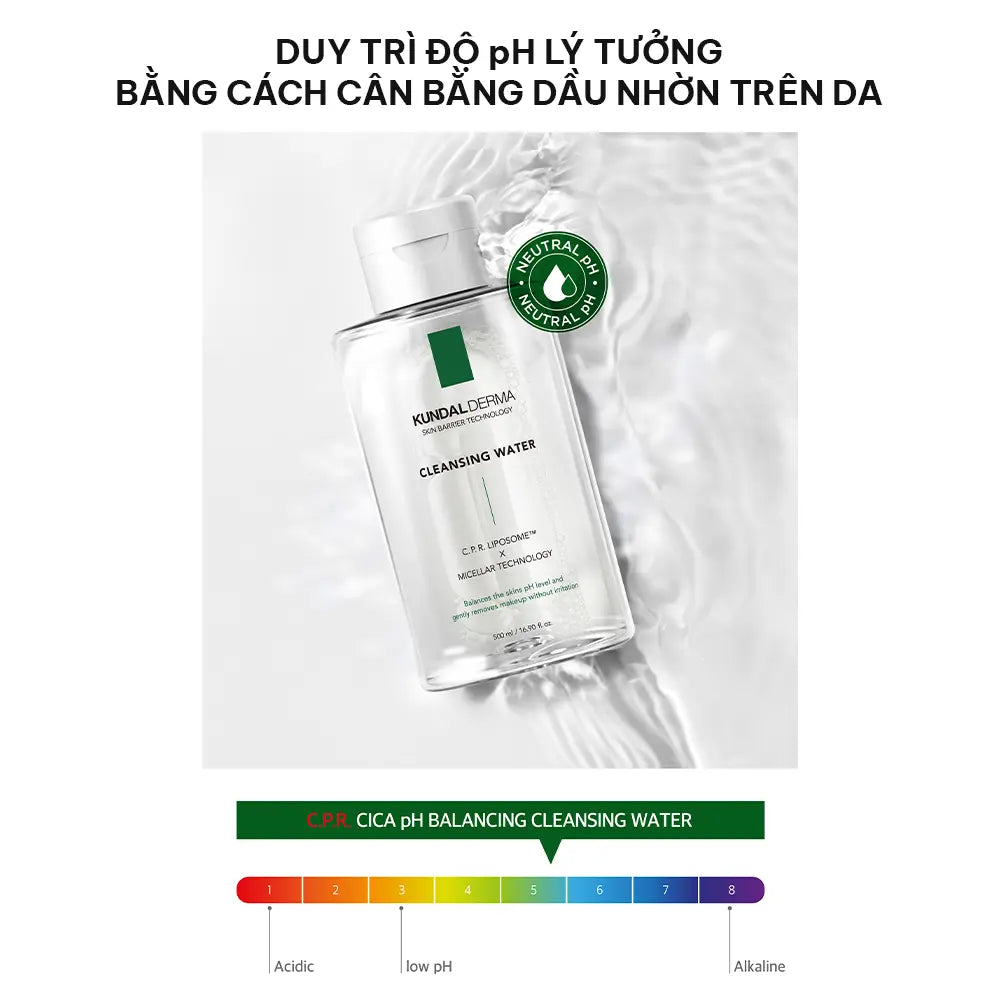 Nước Tẩy Trang Micellar Dịu Nhẹ KUNDAL DERMA C.P.R. CICA pH BALANCING CLEANSING WATER 500ml