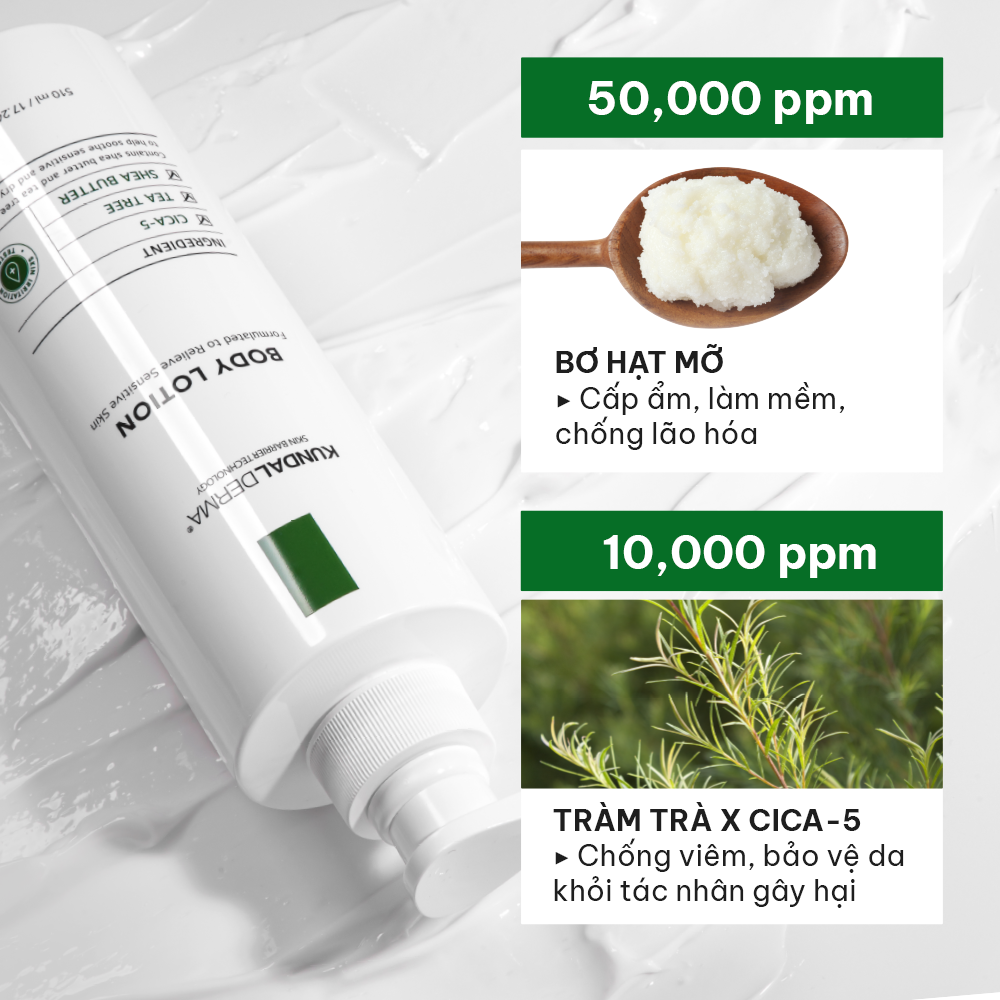 Kem dưỡng thể cấp ẩm và phục hồi da KUNDAL Derma C.P.R. CICA & TEA TREE REPAIR BODY LOTION